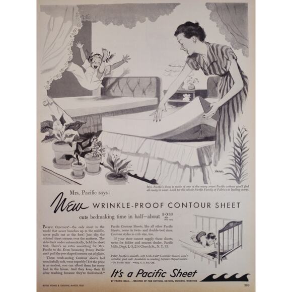 Vintage Other - 1950 Pacific Sheets Mom‎ Making Bed Happy Child Bouncing on Bed Vtg Print Ad